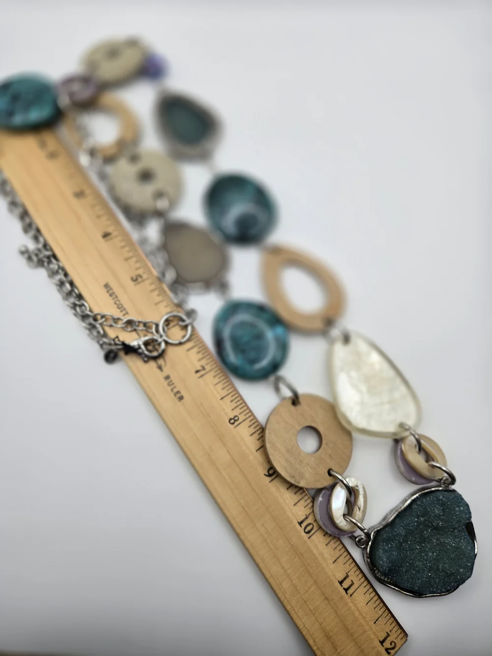 Chico's Teal Wood Silver Mixed Media Necklace Druzy Labradorite Turquoise READ